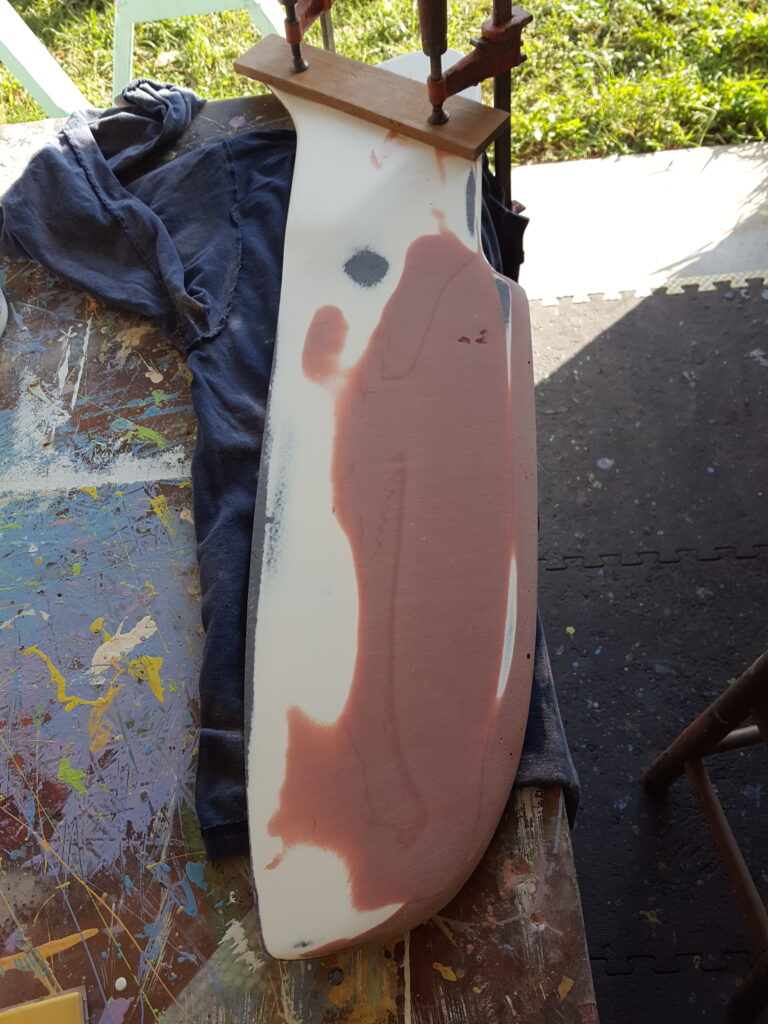 image of ffe-200 marine epoxy for fairing on a rudder that has been sanded by teak decking systems