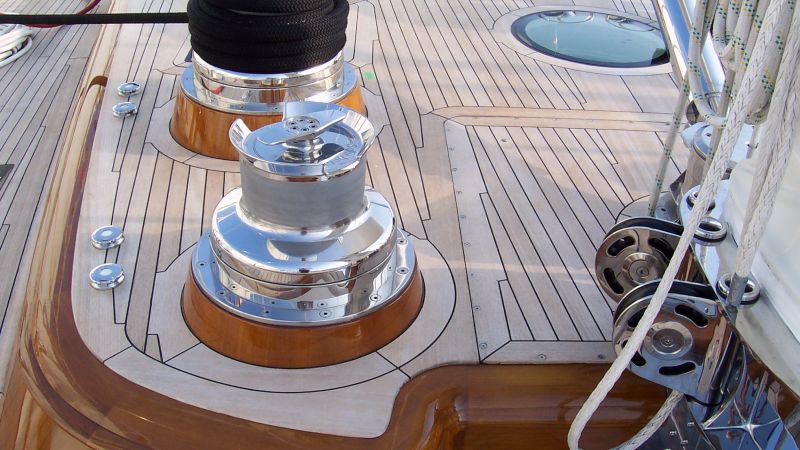 Photo of teak trim detail on sailboat