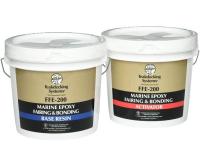Photo of two containers of FFE-200, Marine Epoxy Fairing and Bonding, Base Resin and Activator