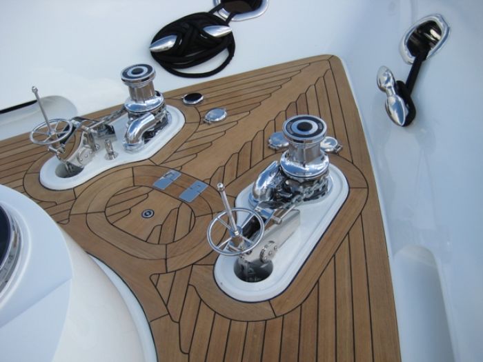 Detailed Teak bow and hatch on motor yacht