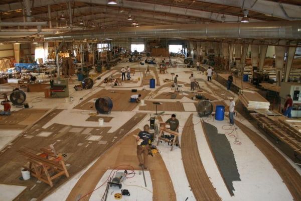 Teakdecking Systems manufacturing floor with many decks laid out