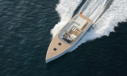 aerial photo of motor boat with faux teak decking