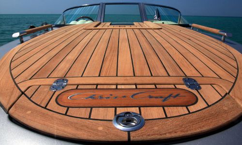 Photo of Chris-Craft Bow in teak with logo emblem