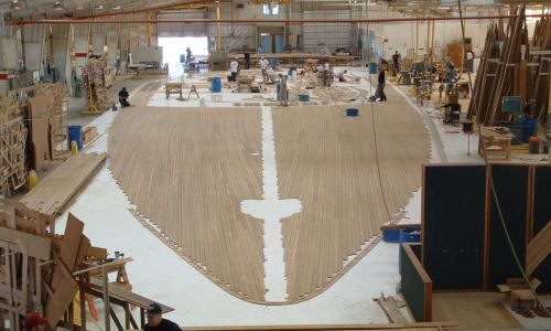 Large teak bow filling manufacturing floor